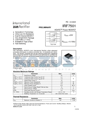 IRF7501 datasheet - Power MOSFET(Vdss=20V, Rds(on)=0.135ohm)