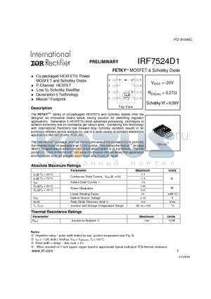 IRF7524D1 datasheet - FETKY MOSFET & Schottky Diode(Vdss=-20V, Rds(on)=0.27ohm, Schottky Vf=0.39V)