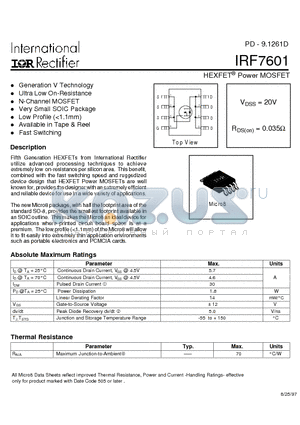 IRF7601 datasheet - Power MOSFET(Vdss=20V, Rds(on)=0.035ohm)