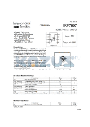 IRF7607 datasheet - Power MOSFET(Vdss=20V, Rds(on)=0.030ohm)