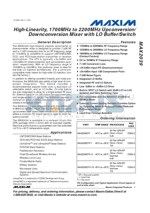 MAX2039ETPD datasheet - High-Linearity, 1700MHz to 2200MHz Upconversion/ Downconversion Mixer with LO Buffer/Switch