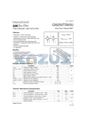 GA250TS60U datasheet - HALF-BRIDGE IGBT INT-A-PAK