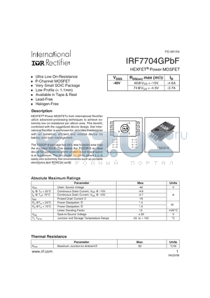 IRF7704GPBF datasheet - HEXFETPower MOSFET Ultra Low On-Resistance