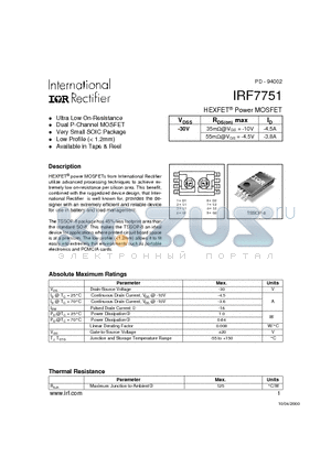 IRF7751 datasheet - Power MOSFET(Vdss=-30V)