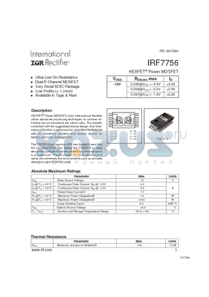 IRF7756 datasheet - HEXFET Power MOSFET