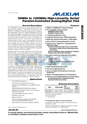 MAX2065 datasheet - 50MHz to 1000MHz High-Linearity, Serial/ Parallel-Controlled Analog/Digital VGA