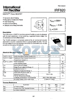 IRF820 datasheet - Power MOSFET(Vdss=500V, Rds(on)=3.0ohm, Id=2.5A)