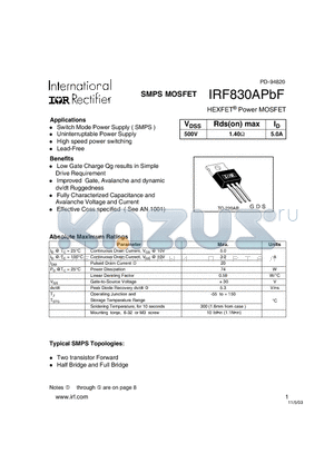 IRF830APBF datasheet - HEXFET Power MOSFET