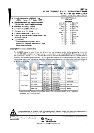 MAX208INT datasheet - 5-V MULTICHANNEL RS-232 LINE DRIVER/RECEIVER WITH -15-KV ESD PROTECTION