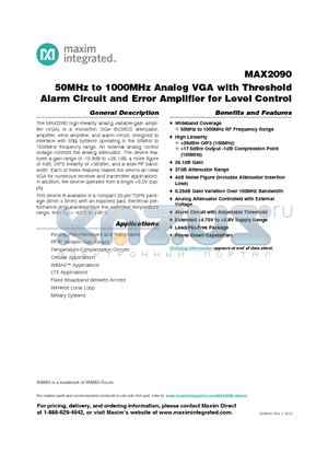 MAX2090ETP datasheet - 50MHz to 1000MHz Analog VGA with Threshold Alarm Circuit and Error Amplifier for Level Control