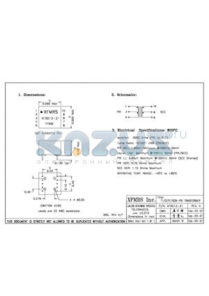 XF0013-31 datasheet - T1/CEPT/ISDN-PRI TRANSFORMER