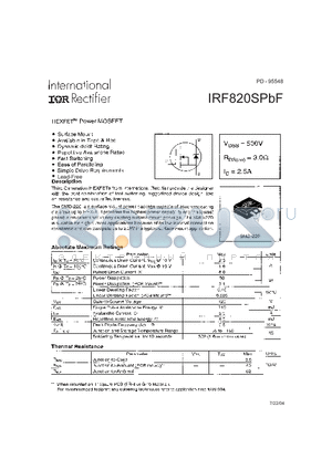 IRF820SPBF datasheet - HEXFET^ Power MOSFET