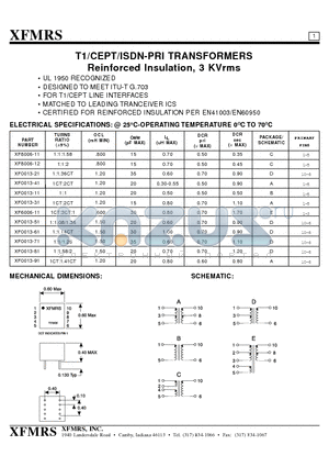 XF0013-61 datasheet - T1/CEPT/ISDN-PRI TRANSFORMERS Reinforced Insulation, 3 KVrms