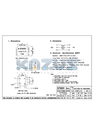 XF0013-91 datasheet - TR/CEPT/ISDN-PRI TRANSFORMER