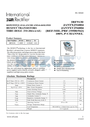 IRF9130 datasheet - TRANSISTORS P-CHANNEL(Vdss=-100V, Rds(on)=0.30ohm, Id=-11A)