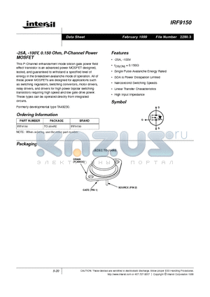 IRF9150 datasheet - -25A, -100V, 0.150 Ohm, P-Channel Power MOSFET