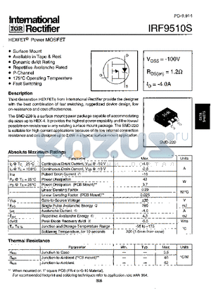 IRF9510S datasheet - Power MOSFET(Vdss=-100V, Rds(on)=1.2ohm, Id=-4.0A)