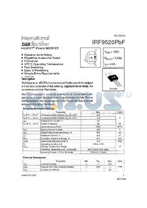 IRF9520PBF datasheet - HEXFET^Power MOSFET
