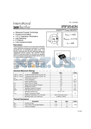 IRF9540N datasheet - Power MOSFET(Vdss=-100V, Rds(on)=0.117ohm, Id=-23A)