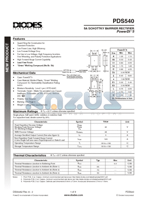 PDS540-13 datasheet - 5A SCHOTTKY BARRIER RECTIFIER PowerDI 5