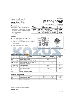 IRF9910PBF datasheet - HEXFET^Power MOSFET