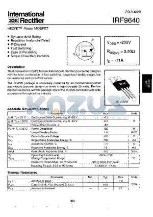 IRF9640 datasheet - Power MOSFET(Vdss=-200V, Rds(on)=0.50ohm, Id=-11A)