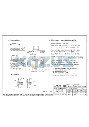 XF0013B2 datasheet - T1/CEPT/DS3 Surface Mount Transformers