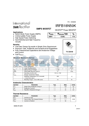 IRFB18N50K datasheet - Power MOSFET(Vdss=500V, Rds(on)max=0.26ohm, Id=27A)