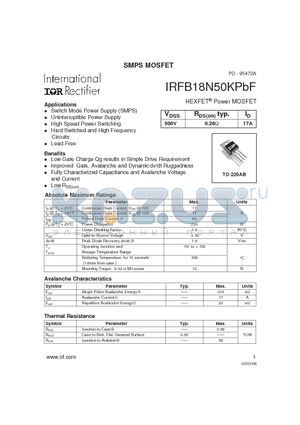 IRFB18N50KPBF datasheet - SMPS MOSFET