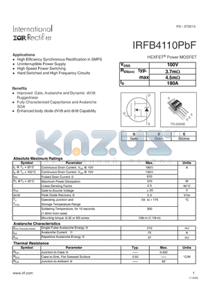 IRFB4110PBF datasheet - High Efficiency Synchronous Rectification in SMPS