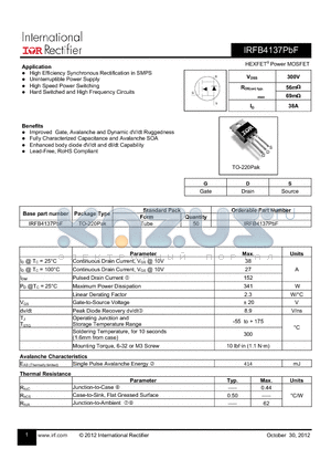 IRFB4137PBF datasheet - High Efficiency Synchronous Rectification in SMPS