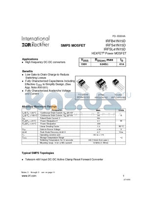 IRFB41N15D datasheet - Power MOSFET(Vdss=150V, Rds(on)max=0.045ohm, Id=41A)