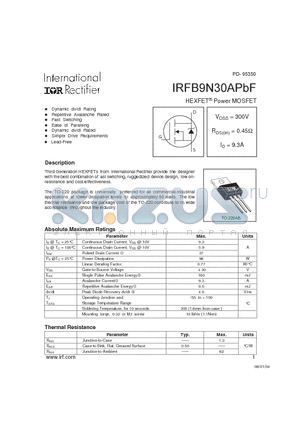 IRFB9N30APBF datasheet - HEXFET^ Power MOSFET