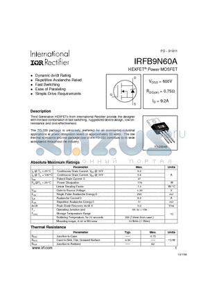 IRFB9N60A datasheet - Power MOSFET(Vdss=600V, Rds(on)=0.75ohm, Id=9.2A)