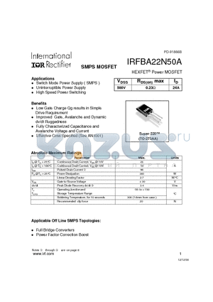 IRFBA22N50 datasheet - Power MOSFET(Vdss=500V, Rds(on)max=0.23ohm, Id=24A)