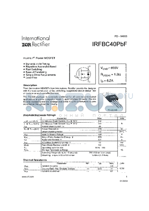 IRFBC40PBF datasheet - HEXFET POWER MOSFET (VDSS=600V , RDS(on)=1.2Ohm , ID=6.2A)