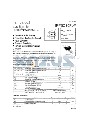 IRFBC30PBF datasheet - HEXFET Power MOSFET