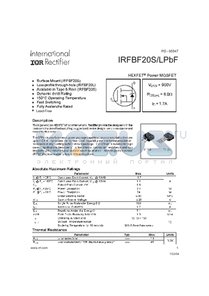 IRFBF20LPBF datasheet - HEXFET Power MOSFET