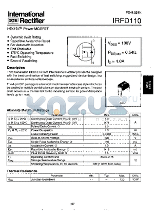IRFD110 datasheet - Power MOSFET(Vdss=100V, Rds(on)=0.54ohm, Id=1.0A)