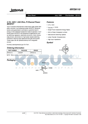 IRFD9110 datasheet - 0.7A, 100V, 1.200 Ohm, P-Channel Power MOSFET