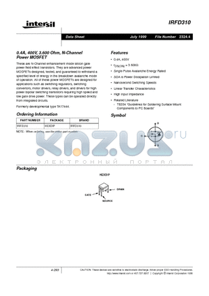 IRFD310 datasheet - 0.4A, 400V, 3.600 Ohm, N-Channel Power MOSFET