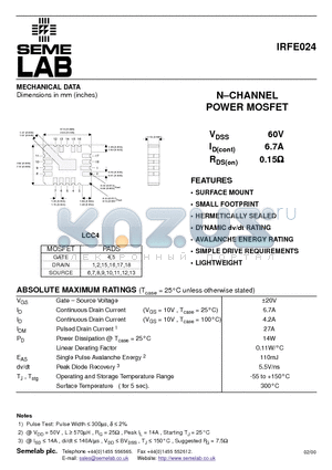 IRFE024 datasheet - N-CHANNEL POWER MOSFET