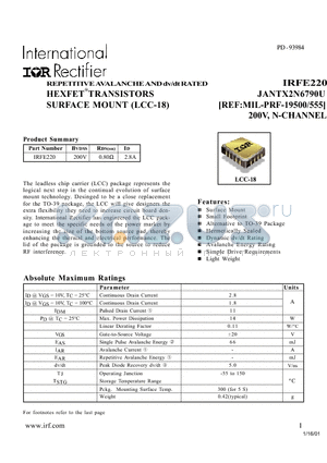 IRFE220 datasheet - REPETITIVE AVALANCHE AND dv/dt RATED HEXFET TRANSISTORS SURFACE MOUNT (LCC-18)