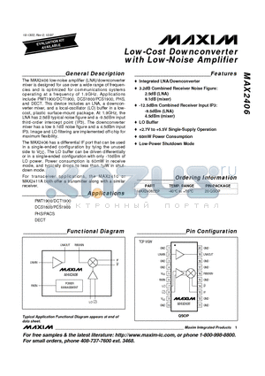 MAX2406 datasheet - Low-Cost Downconverter with Low-Noise Amplifier