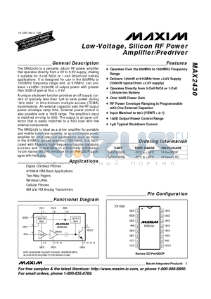 MAX2430IEE datasheet - Low-Voltage, Silicon RF Power Amplifier/Predriver