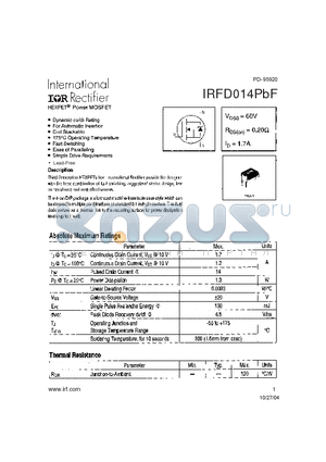 IRFD014PBF datasheet - HEXFET^ Power MOSFET