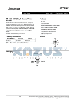 IRFF9120 datasheet - 4A, 100V, 0.60 Ohm, P-Channel Power MOSFET