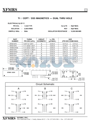 XF0013T6C datasheet - T1 / CEPT / DS3 MAGNETICS - DUAL THRU HOLE