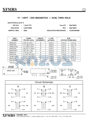 XF0013T7 datasheet - T1 / CEPT / DS3 MAGNETICS - DUAL THRU HOLE