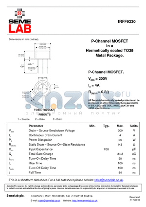 IRFF9230 datasheet - P-Channel MOSFET in a Hermetically sealed TO39